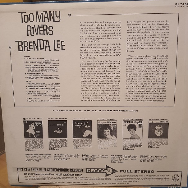 Brenda Lee - Too Many Rivers - Plak LP